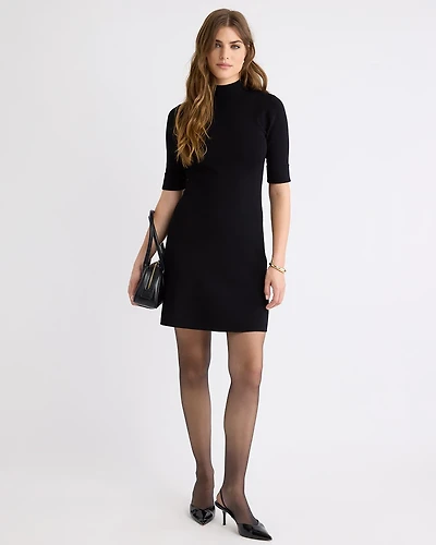 Elbow-Sleeve Mock-Neck Mini Sweater Dress