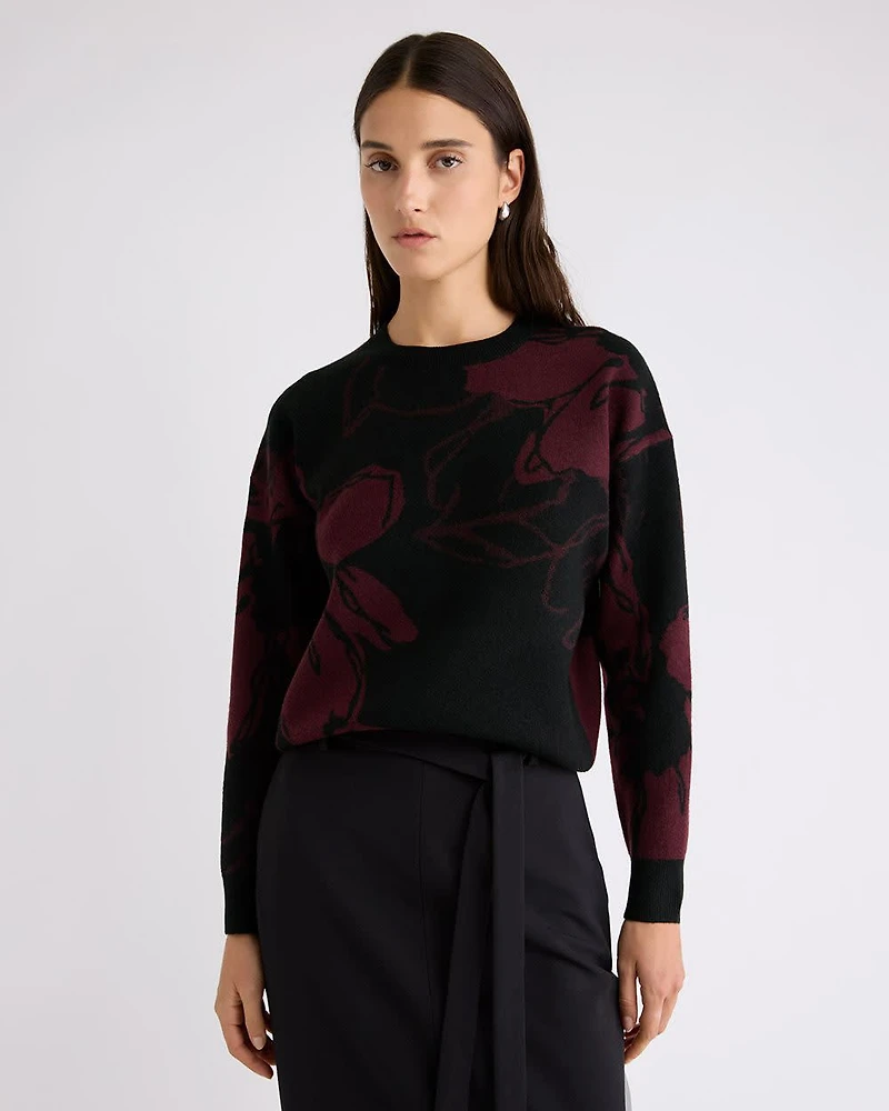 Crew-Neck Spongy Sweater with Floral Pattern