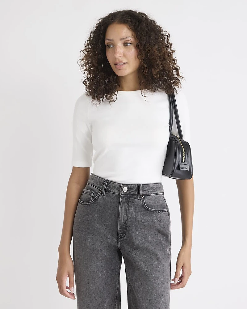 T-Shirt Ajusté à Manches aux Coudes et Col Rond