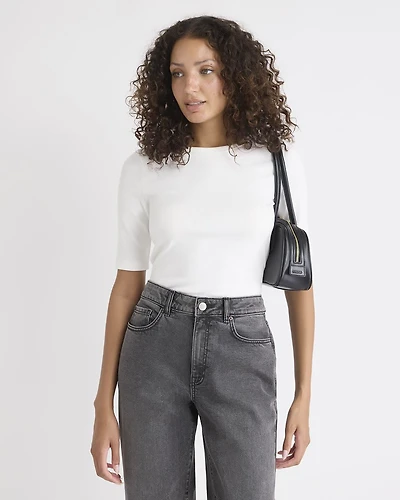 T-Shirt Ajusté à Manches aux Coudes et Col Rond