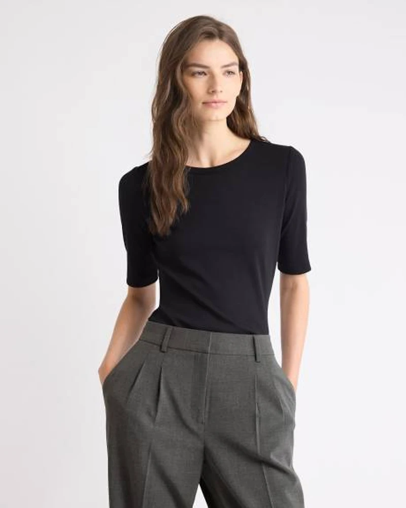 Elbow-Sleeve Crew-Neck Fitted Ribbed Tee