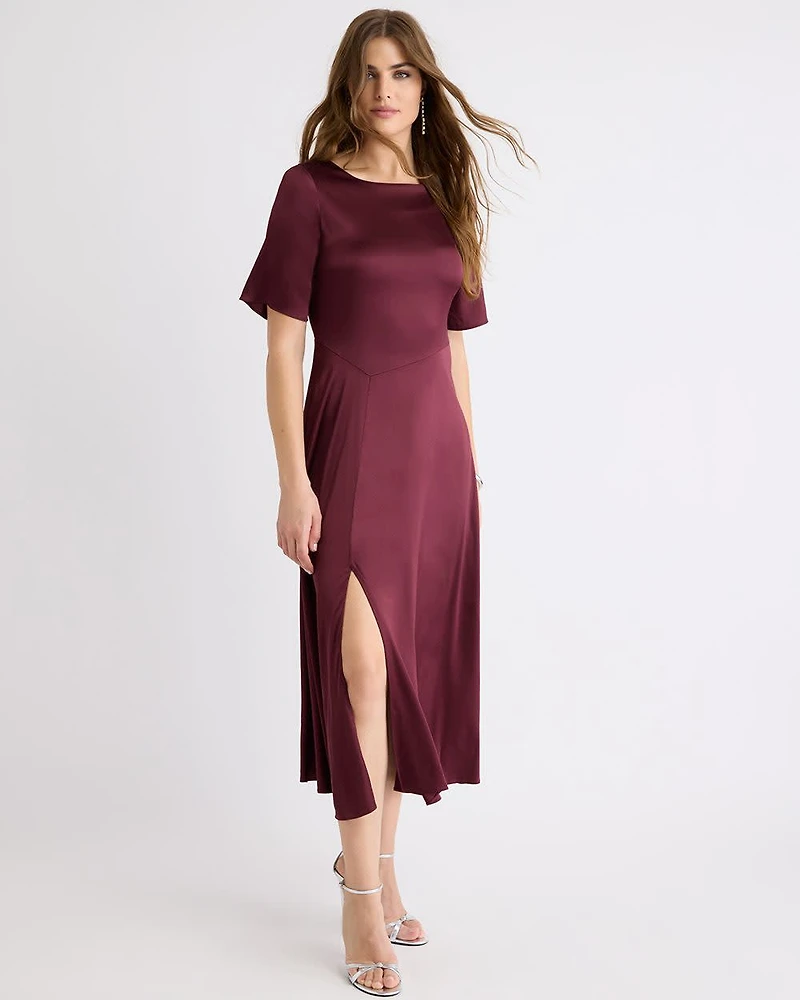 Short-Sleeve Satin Fit-and-Flare Midi Dress