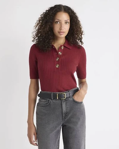 Cotton-Merino-Blend Elbow-Sleeve Ribbed Polo Sweater