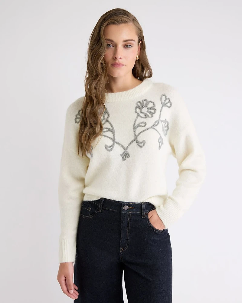 Long-Sleeve Crew-Neck Sweater with Flower Appliqués