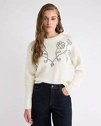 Long-Sleeve Crew-Neck Sweater with Flower Appliqués