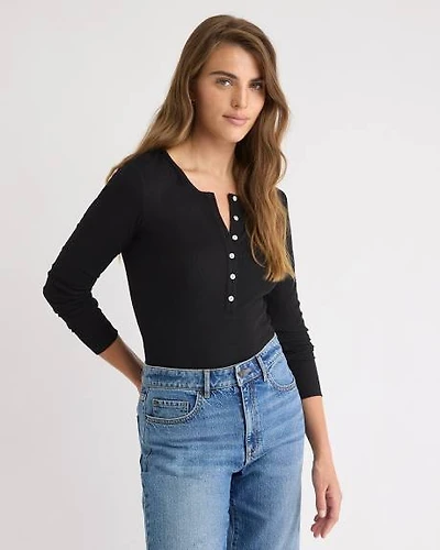Long-Sleeve Henley Ribbed Top
