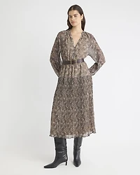 Long-Sleeve V-Neck Midi Dress with Leopard Print