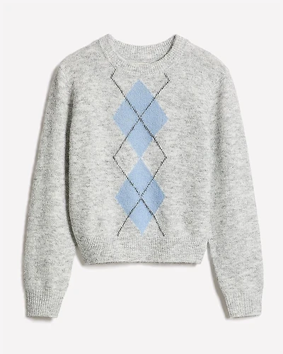 Long-Sleeve Crew-Neck Hairy-Knit Argyle Sweater