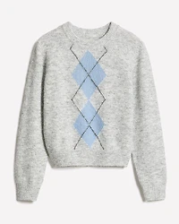 Long-Sleeve Crew-Neck Hairy-Knit Argyle Sweater