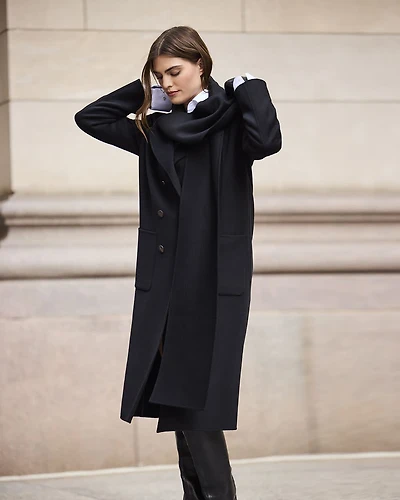 Wool-Cashmere Blend Long Double-Breasted Coat with Removable Scarf