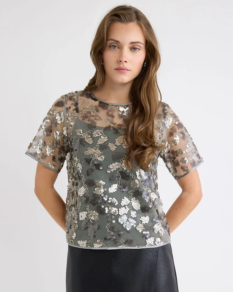 Short-Sleeve Crew-Neck Sequins Popover Blouse