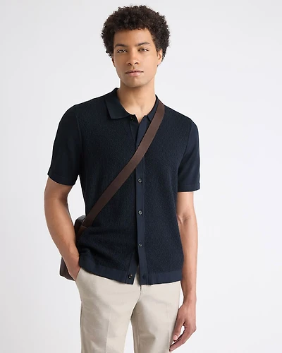 Short-Sleeve Buttoned-Down Textured Sweater with Shirt Collar