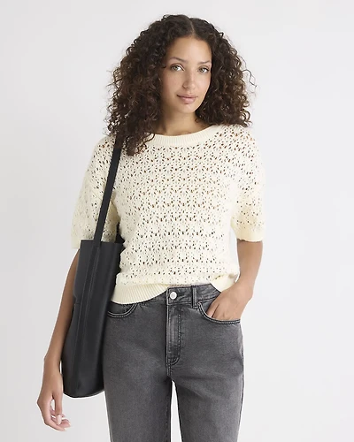 Pull à Col Rond et Manches Courtes en Mailles de Fantaisie