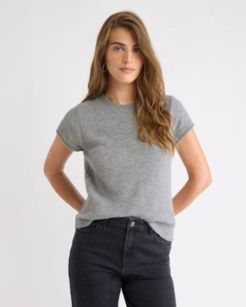 Pull Ample en Laine à Manches Courtes et Col Rond