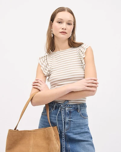 Striped Short-Flutter-Sleeve Crew-Neck Top
