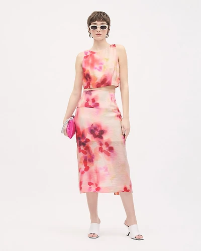 Sheer Pencil Midi Skirt with Floral Print