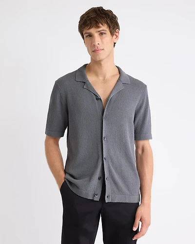Short-Sleeve Buttoned-Down Sweater with Camp Collar