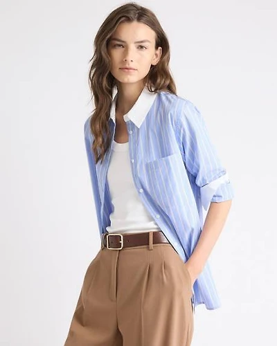 Striped Long-Sleeve Buttoned-Down Poplin Blouse with Contrasting Details