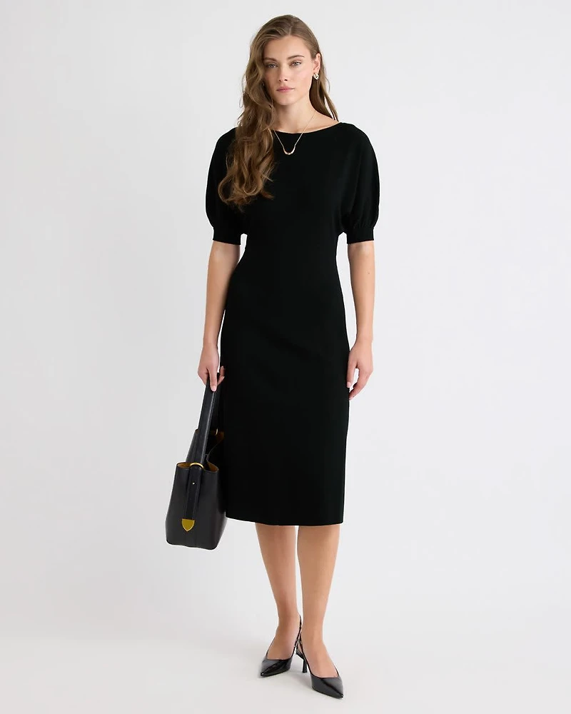 Elbow-Sleeve Boat-Neck Midi Dress