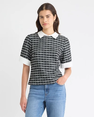 Tweed Short-Sleeve Top with Shirt Collar