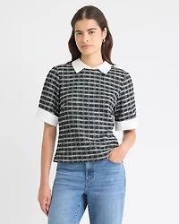 Tweed Short-Sleeve Top with Shirt Collar