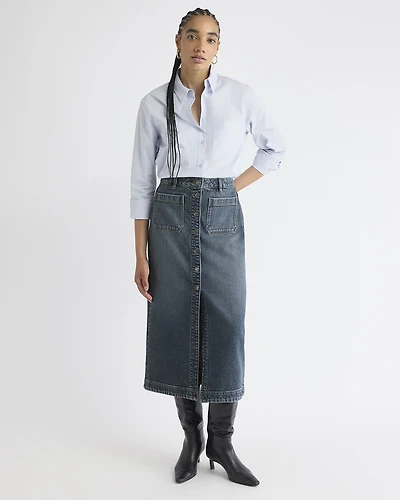 Midi Medium-Wash Flare Denim Skirt