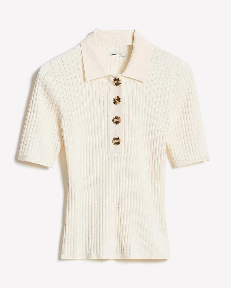 Elbow-Sleeve Ribbed Polo Sweater