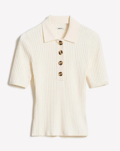Elbow-Sleeve Ribbed Polo Sweater