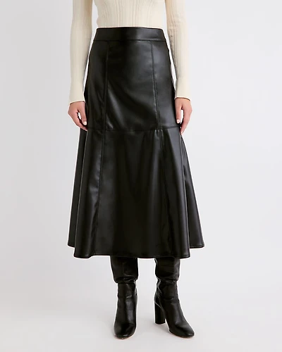 Jupe Midi en Faux Cuir à Taille Très Haute
