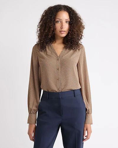 Silky Crepe Long-Sleeve Buttoned-Down Blouse
