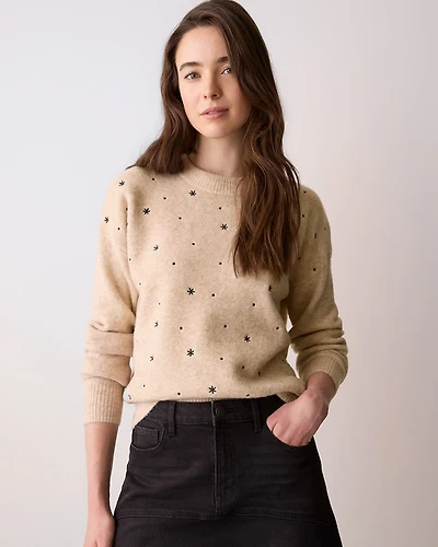 Long-Sleeve Crew-Neck Sweater with Embroidered Pattern