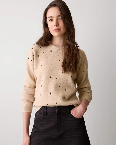 Long-Sleeve Crew-Neck Sweater with Embroidered Pattern