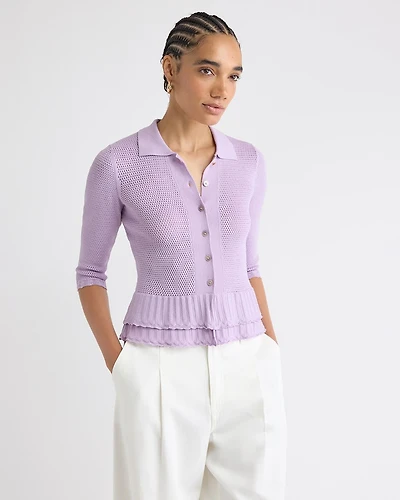 Polo Cardigan with Frilled Hem