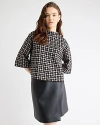 Houndstooth Mock-Neck Sweater with Bell Elbow Sleeves