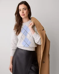 Long-Sleeve Crew-Neck Hairy-Knit Argyle Sweater