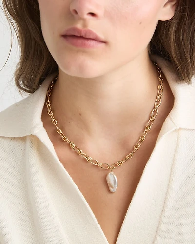 Chunky Link Necklace with Freshwater Pearl Pendant