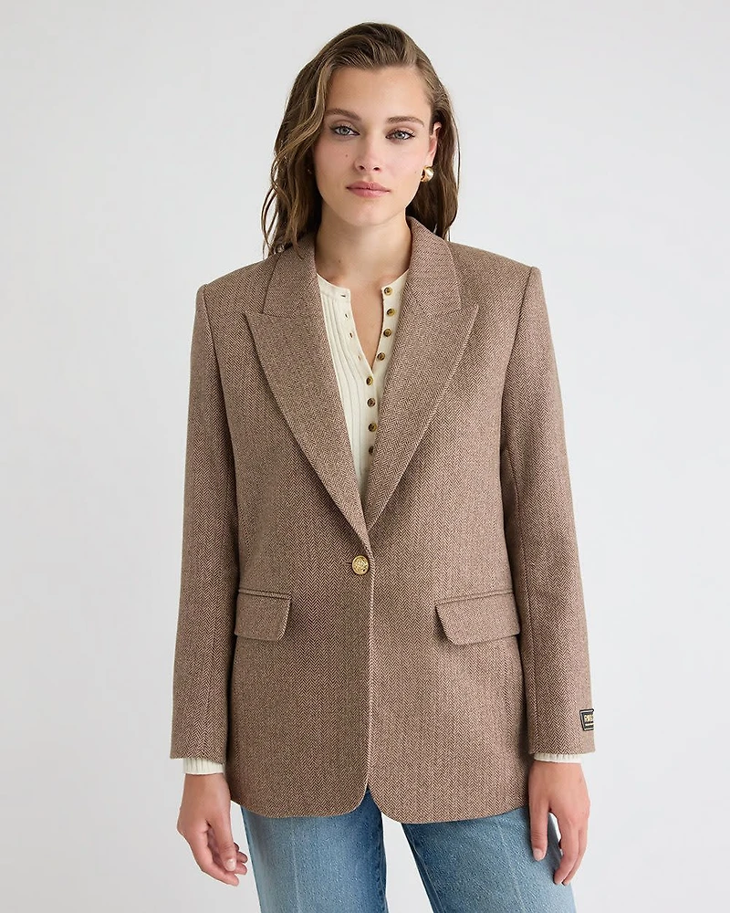 Herringbone Wool-Blend Oversized One-Button Blazer