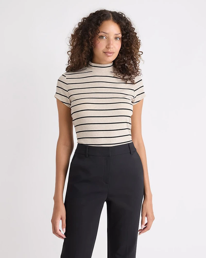 Striped Cap-Sleeve Mock-Neck Top