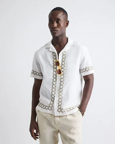 Short-Sleeve Camp-Collar Linen Shirt with Embroidered Details