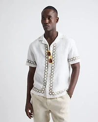 Short-Sleeve Camp-Collar Linen Shirt with Embroidered Details