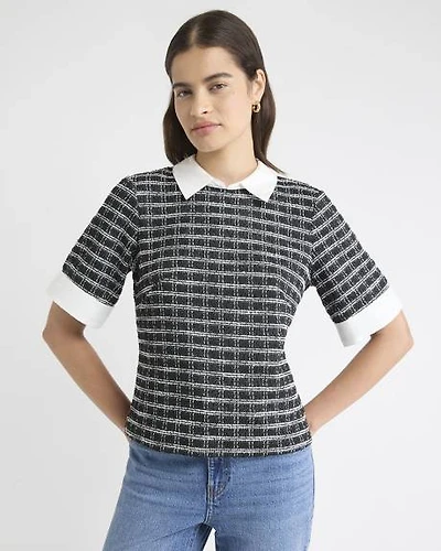 Tweed Short-Sleeve Top with Shirt Collar