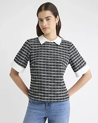 Tweed Short-Sleeve Top with Shirt Collar