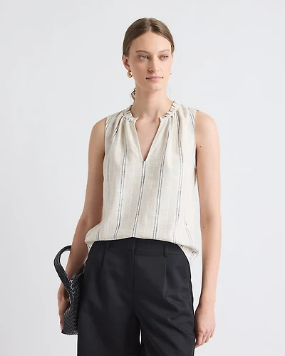 Blouse Rayée en Mélange de Lin Sans Manches à Col V