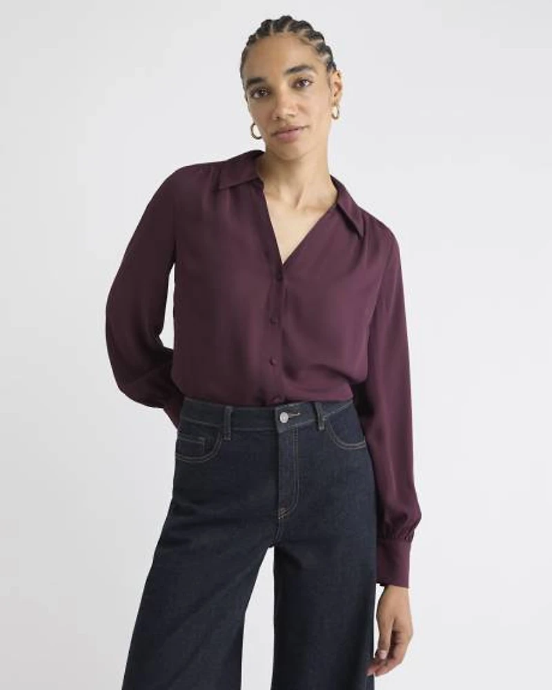 Silky Crepe Long-Sleeve Buttoned-Down Blouse
