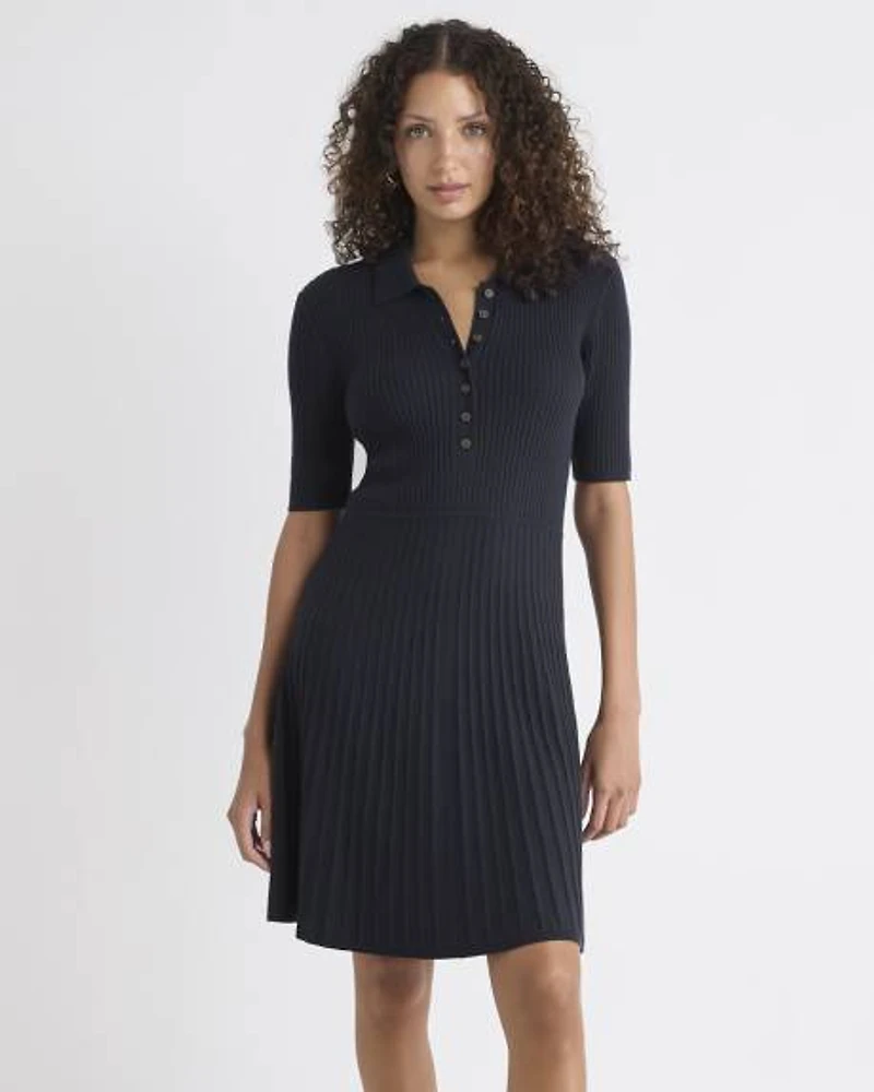Robe Polo Côtelée à Manches Courtes en Mélange de Coton-Mérinos