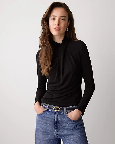 Long-Sleeve Top with Crossover Draped Mock Neckline