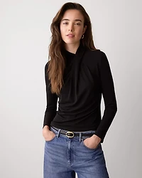 Long-Sleeve Top with Crossover Draped Mock Neckline