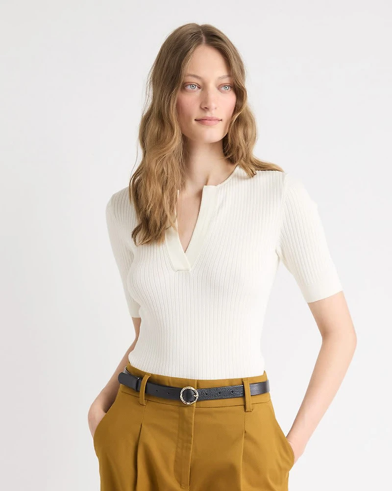Split-Neck Elbow-Sleeve Ribbed Sweater
