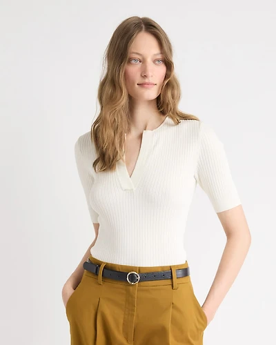 Split-Neck Elbow-Sleeve Ribbed Sweater