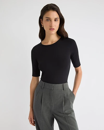 T-Shirt Ajusté à Manches aux Coudes et Col Rond